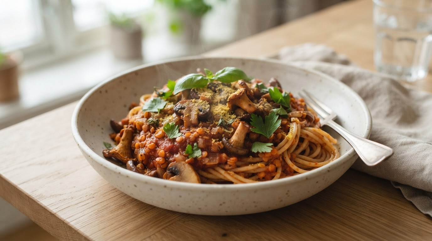 Proteinrik glutenfri pasta bolognese med røde linser og fersk sopp – illustrasjonsbilde