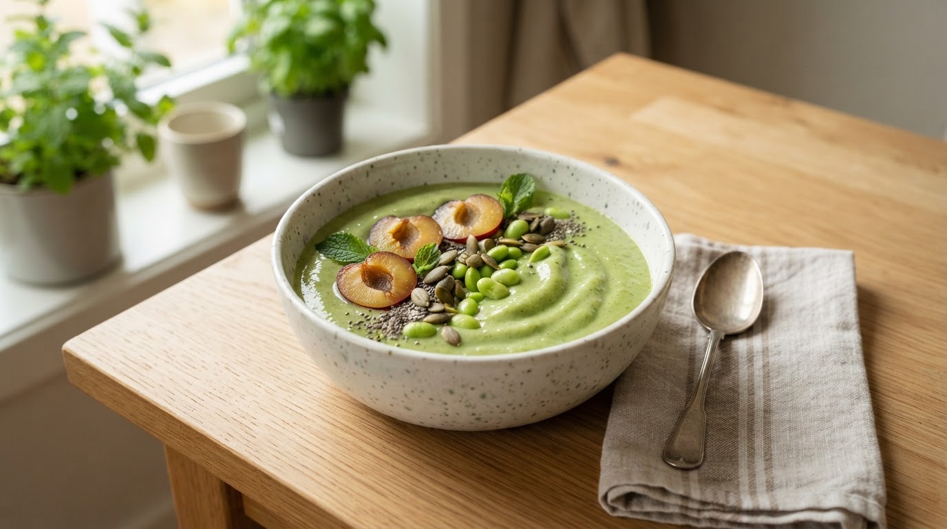 Proteinrik grønn smoothie med augustplommer og edamame