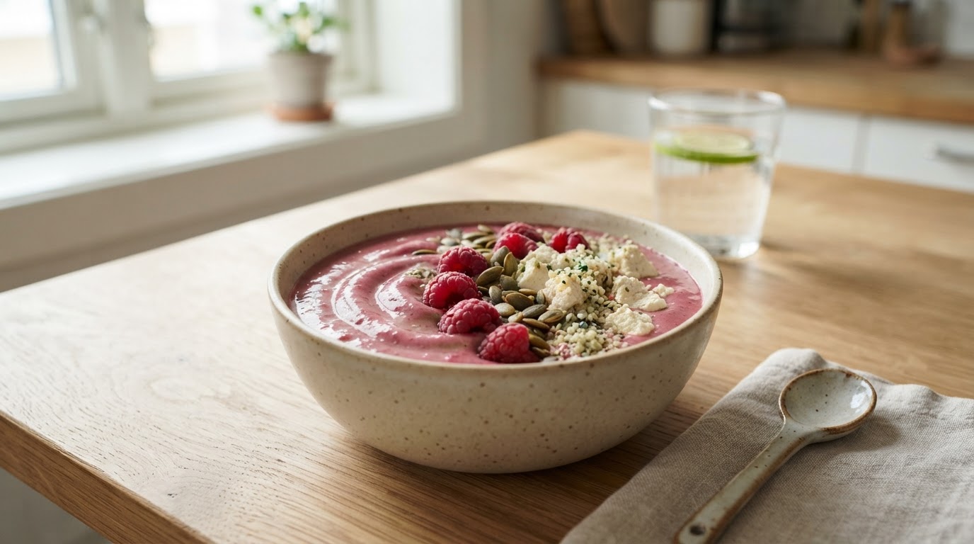 Proteinrik grønn smoothie med bringebær og silketofu – slik ser retten ut
