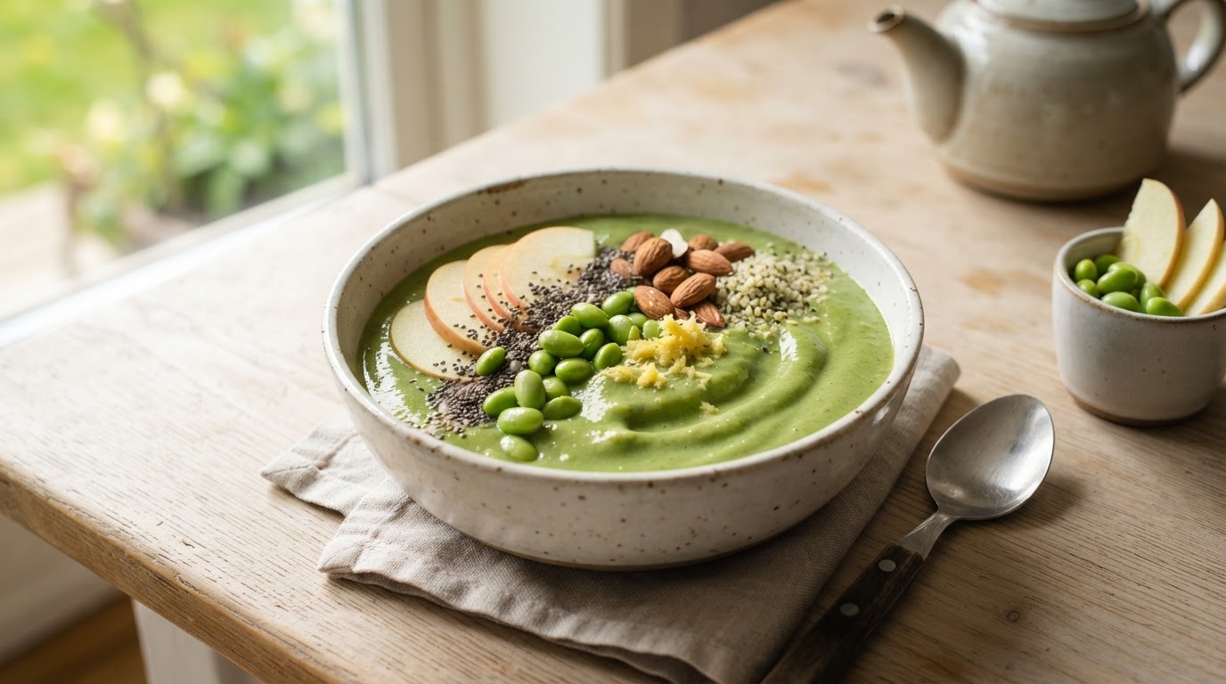 Proteinrik grønn smoothie med norske augustepler og edamame – illustrasjonsbilde