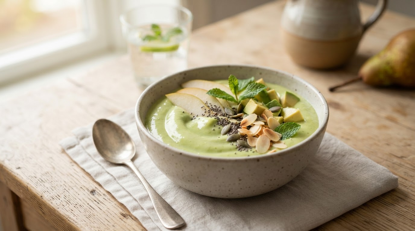 Proteinrik grønn smoothie med pære og avokado – illustrasjonsbilde