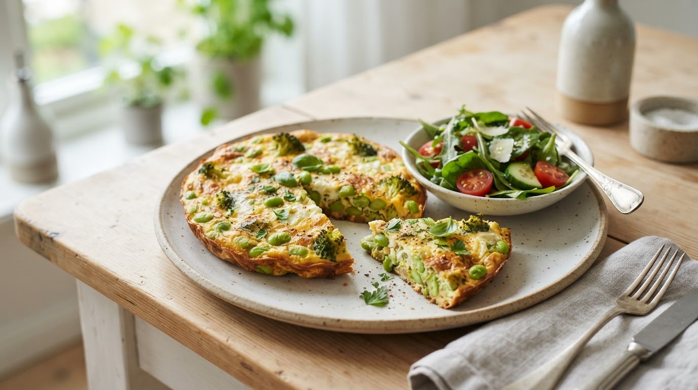 Proteinrik italiensk edamame- og brokkolifrittata – illustrasjonsbilde