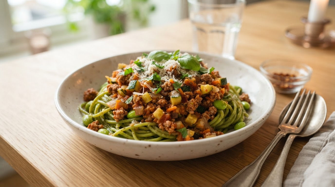 Proteinrik lavkarbo bolognese med edamamepasta – illustrasjonsbilde