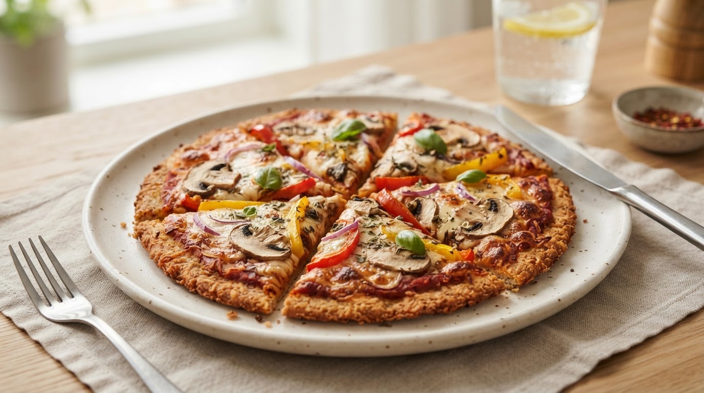 Proteinrik Linsepizza med Fersk Sopp og Paprika – illustrasjonsbilde