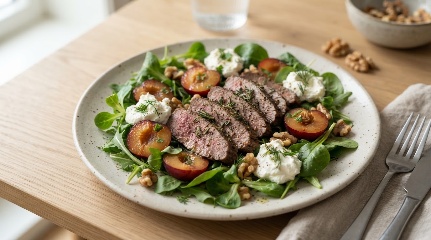 Proteinrik lunsjsalat med lammesteik, norske plommer og pisket fetaost – illustrasjonsbilde