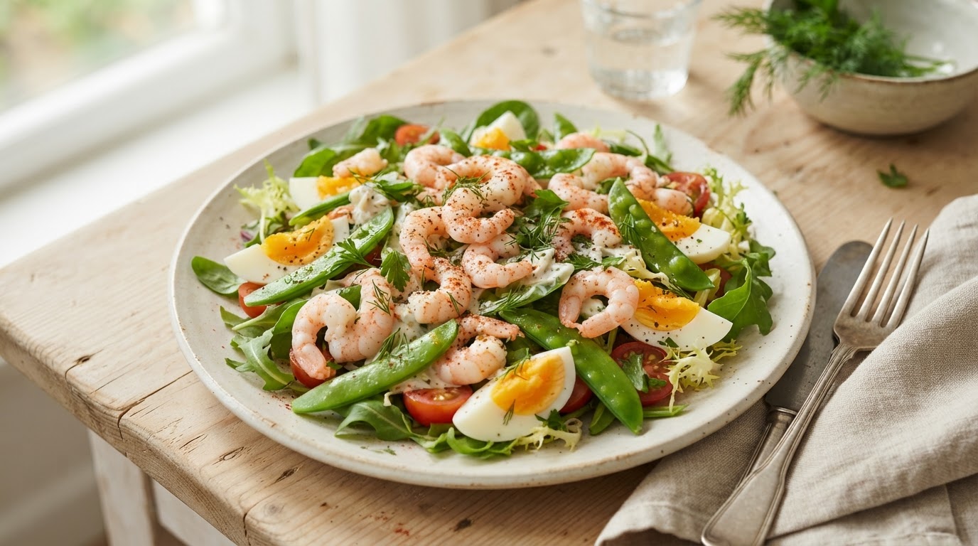 Proteinrik melkefri reke- og eggesalat med sukkererter – illustrasjonsbilde