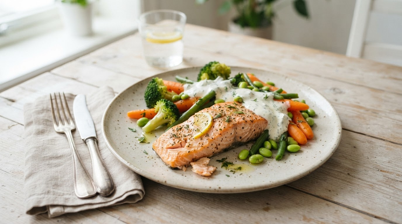 Proteinrik ovnsbakt laks med dampede grønnsaker, edamame og kesamdressing – illustrasjonsbilde