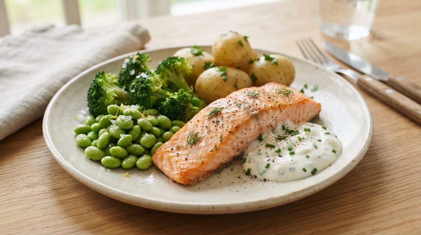 Proteinrik ovnsbakt laks med edamame, brokkoli og kesamdressing – illustrasjonsbilde