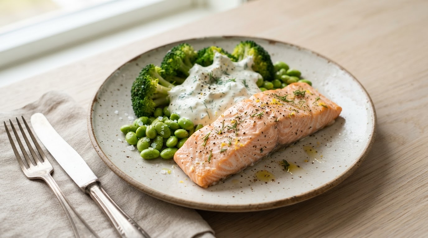 Proteinrik ovnsbakt laks med edamamebønner og kesamdressing – illustrasjonsbilde
