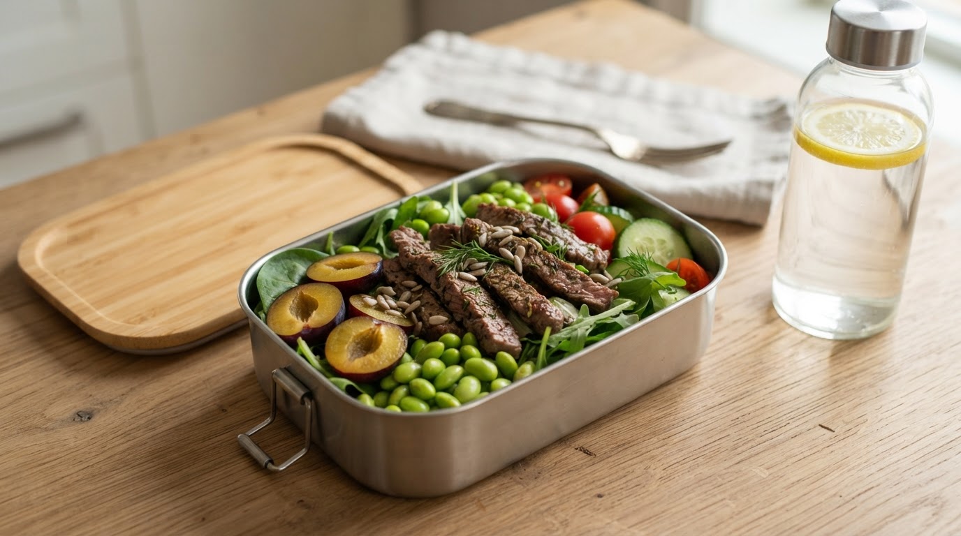 Proteinrik salatboks med biff, edamame og norske plommer – illustrasjonsbilde