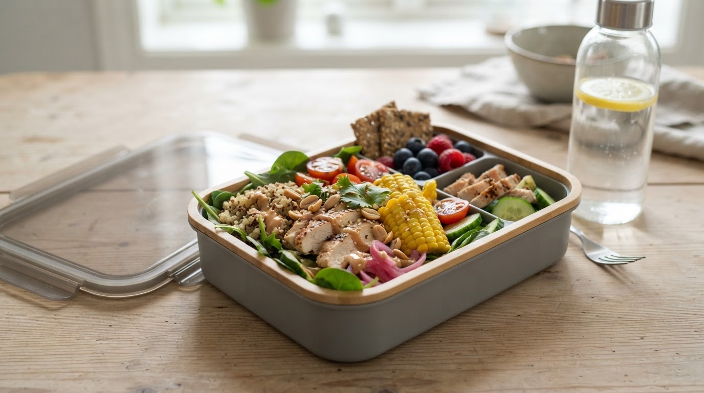 Proteinrik salatboks med kylling, quinoa og fersk augustmais – illustrasjonsbilde