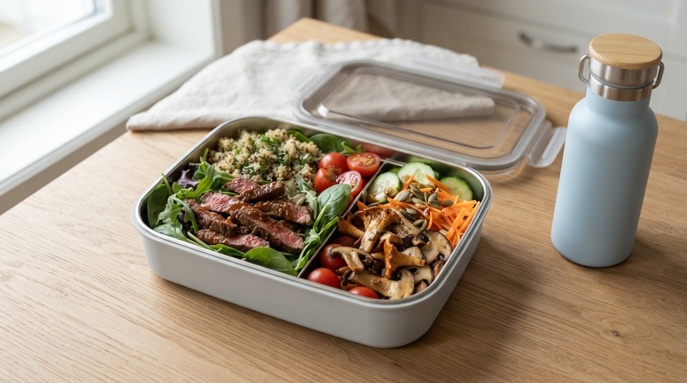 Proteinrik salatboks med marinert biff, quinoa og augustsopp – illustrasjonsbilde