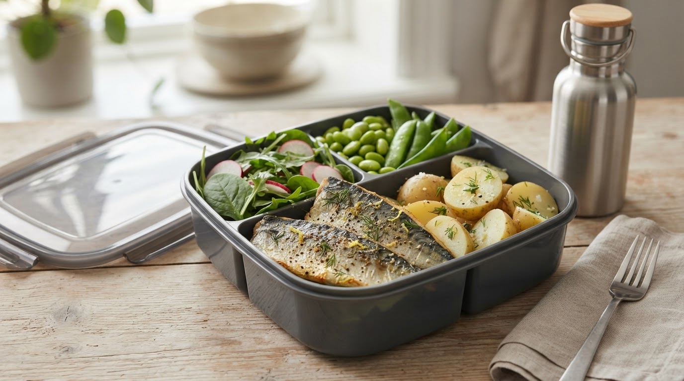 Proteinrik salatboks med stekt makrell, nypoteter og edamame – illustrasjonsbilde