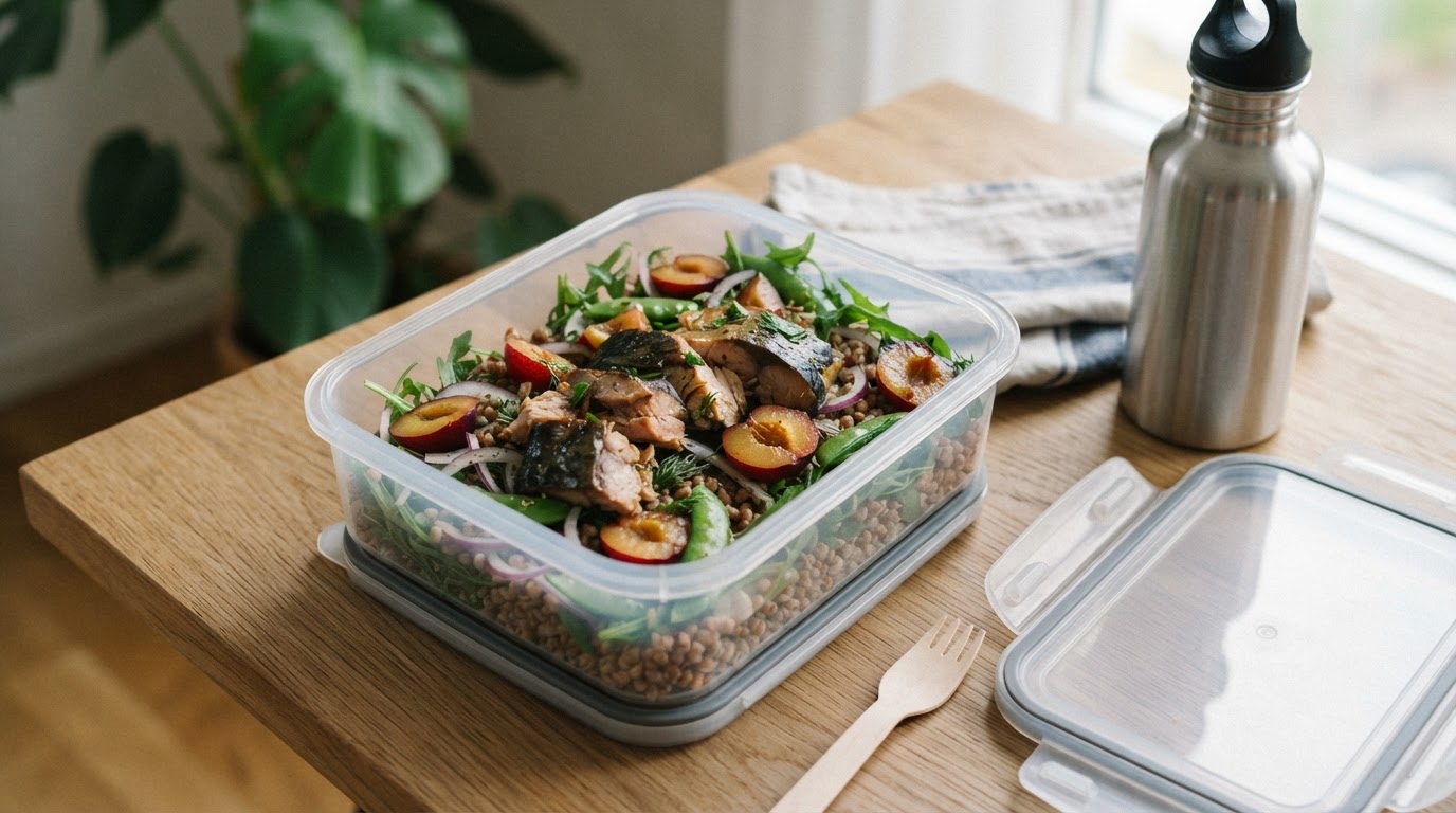 Proteinrik salatboks med varmrøkt makrell, bokhvete og norske plommer – illustrasjonsbilde
