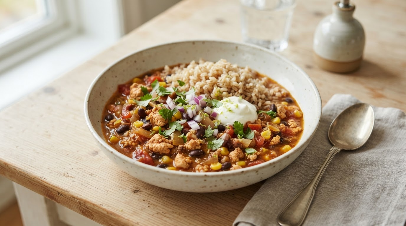 Proteinrik Tex-Mex gryte med kyllingkjøttdeig og bønner – illustrasjonsbilde