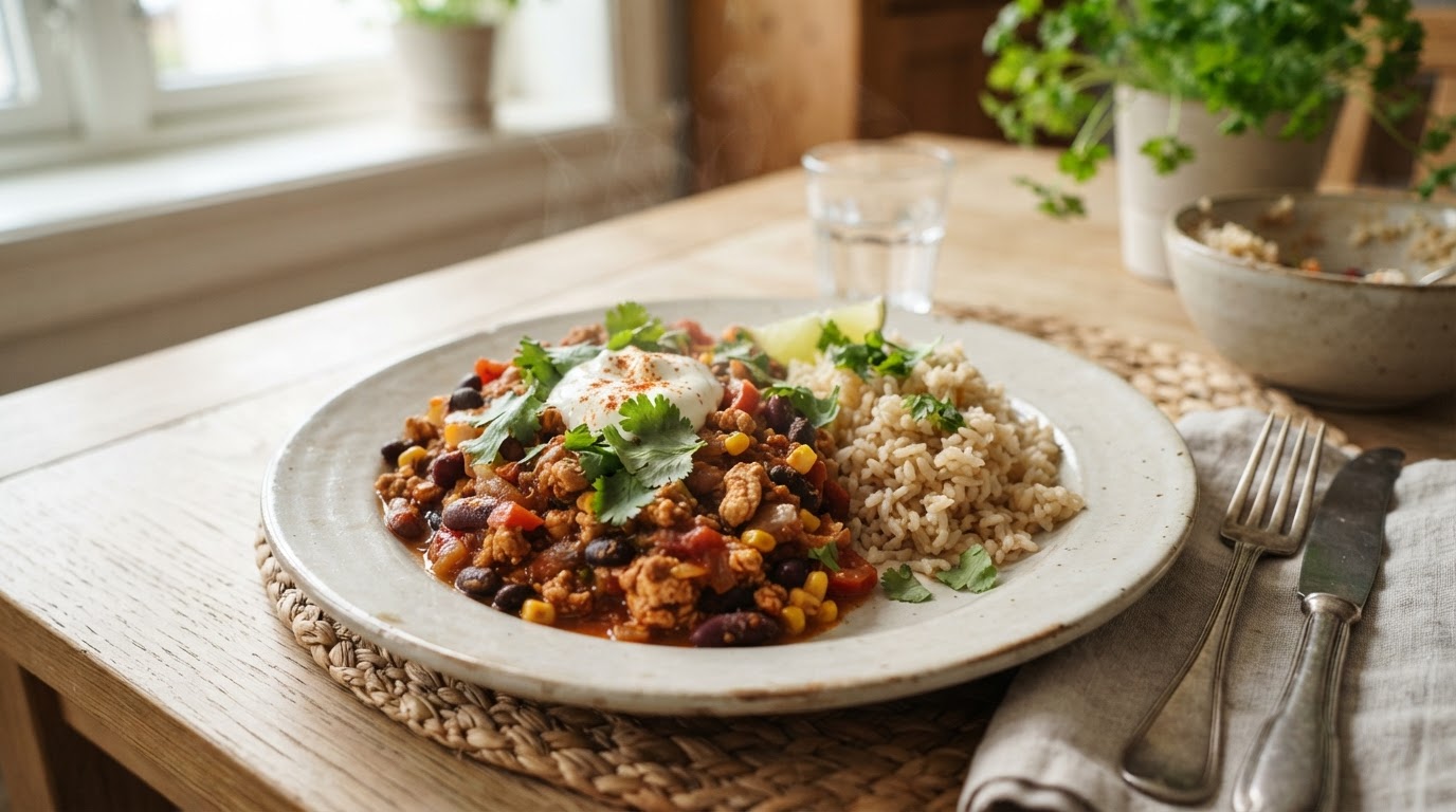 Proteinrik Tex-Mex-gryte med kyllingkjøttdeig og ris – slik ser retten ut