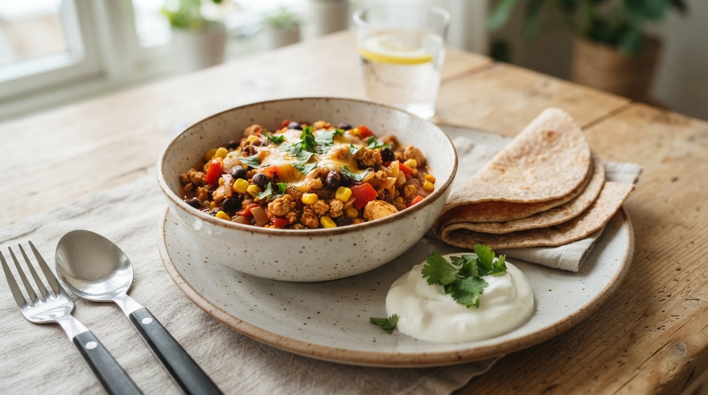 Proteinrik Tex-Mex Kylling- og Bønneform med Fullkorn – illustrasjonsbilde