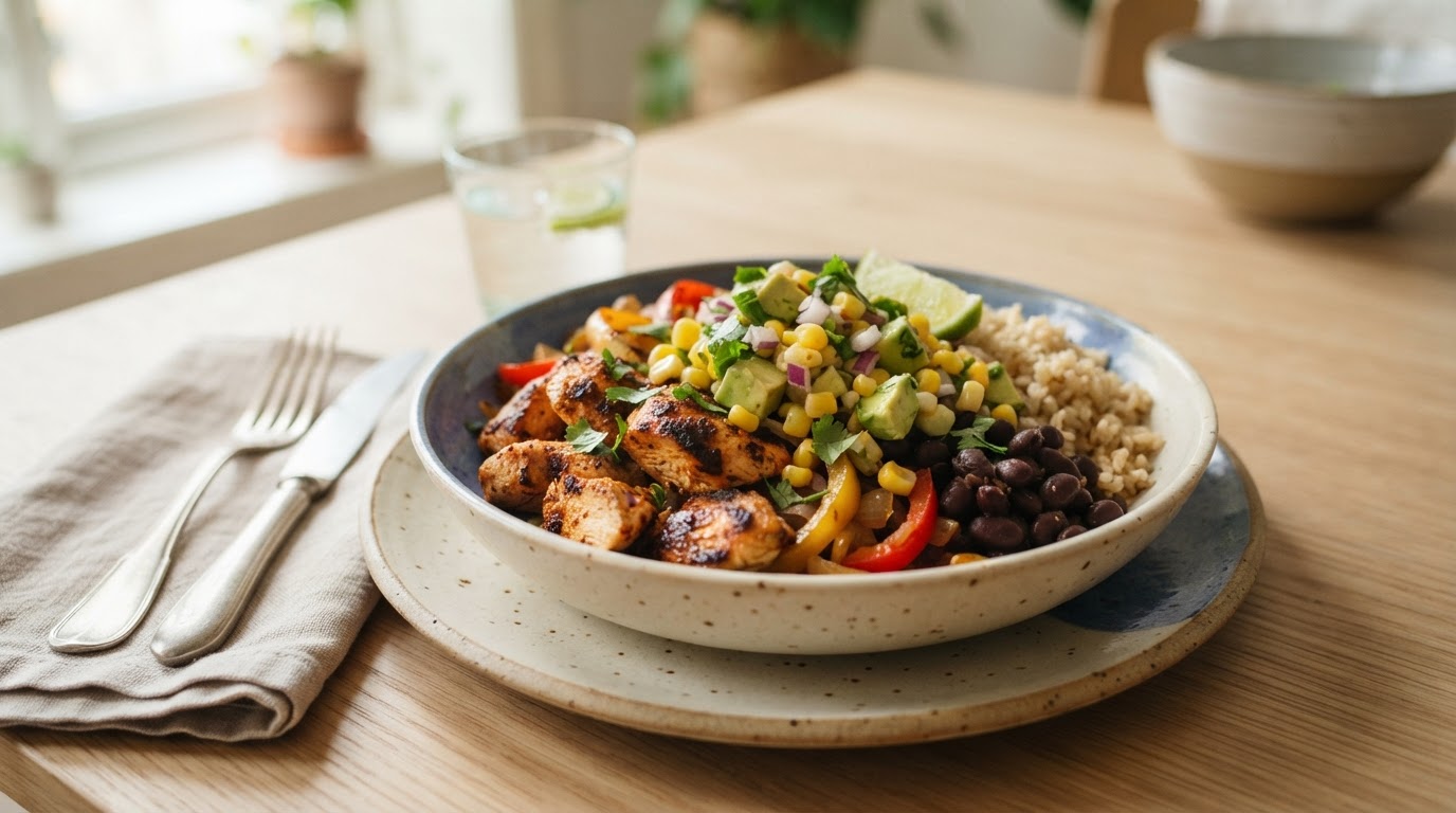 Proteinrik Tex-Mex kylling- og bønneskål – illustrasjonsbilde