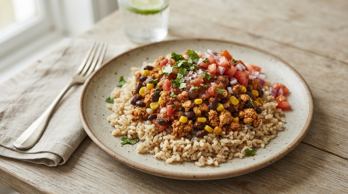 Proteinrik Tex-Mex kylling- og bønneskål med fullkornsris – illustrasjonsbilde