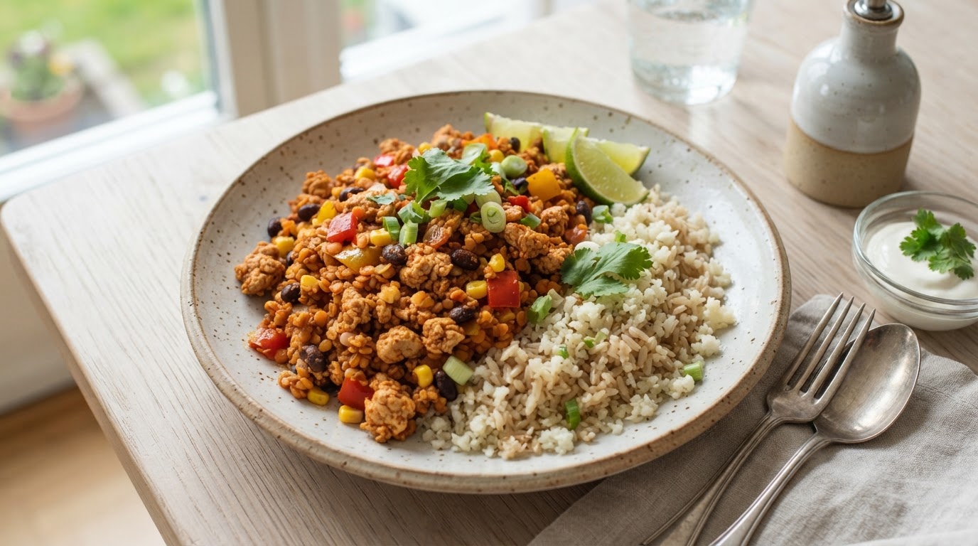Proteinrik Tex-Mex Kylling- og Bønneskål med Linser og Miksris – illustrasjonsbilde