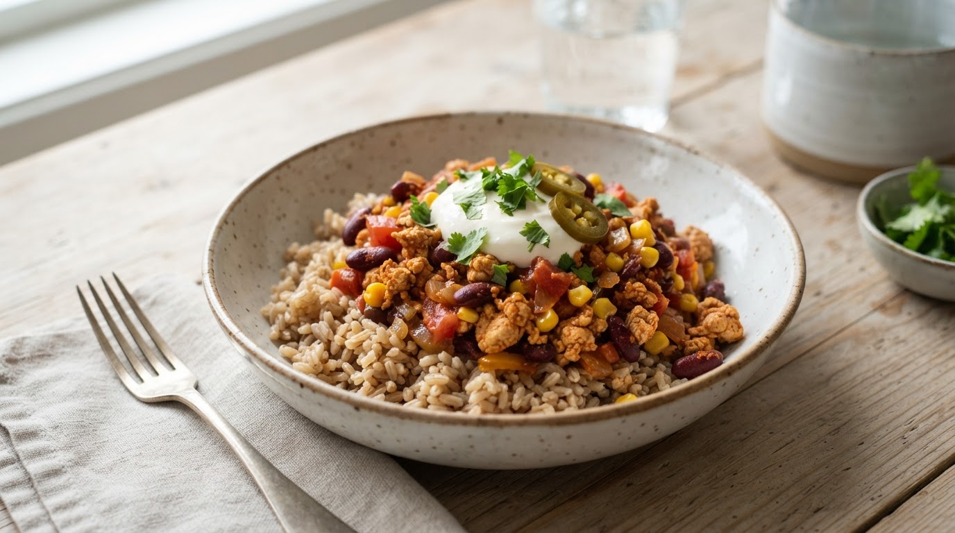 Proteinrik Tex-Mex skål med kyllingkjøttdeig og fullkornsris – illustrasjonsbilde