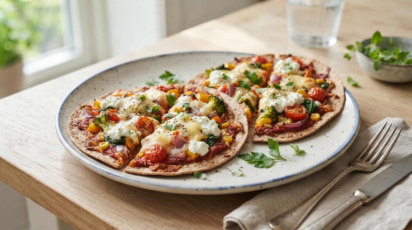 Proteinrik tortilla-vegetarpizza med cottage cheese – illustrasjonsbilde