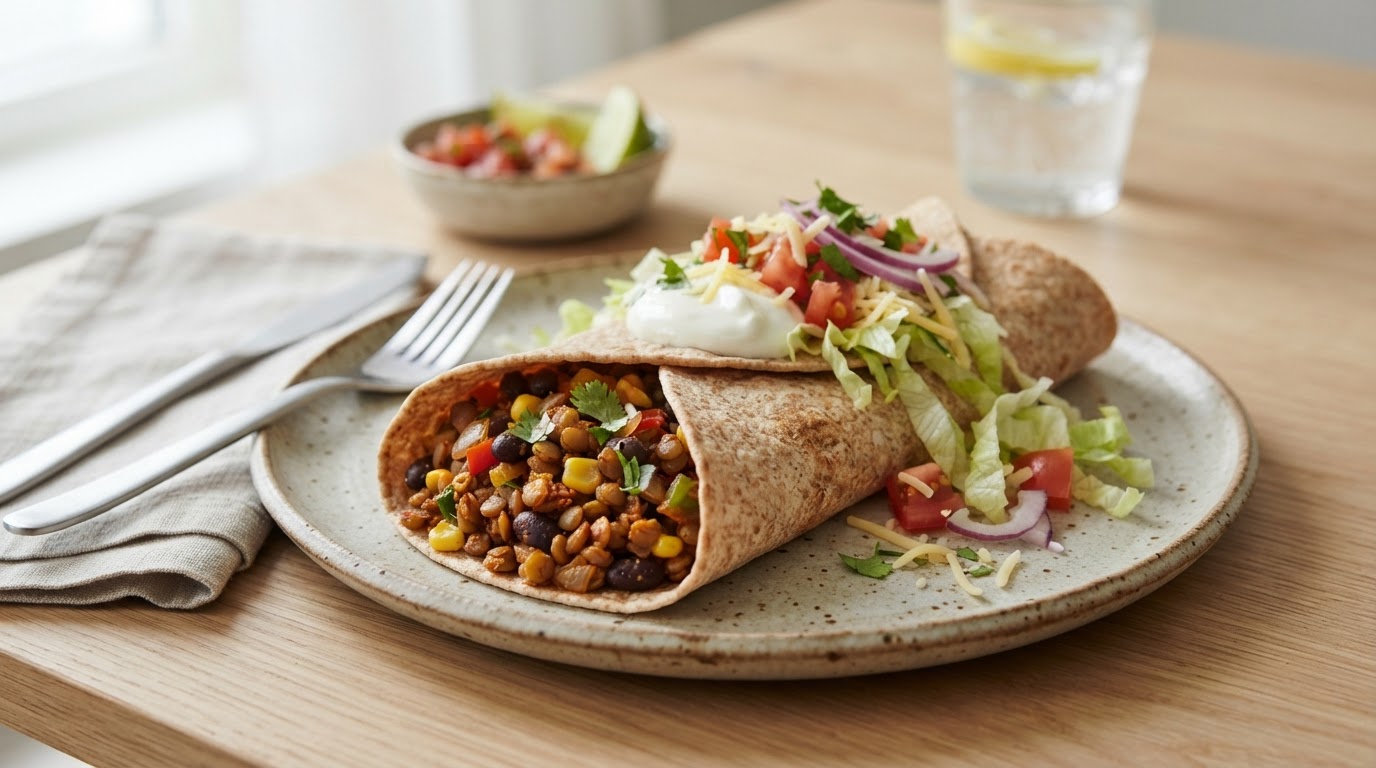 Proteinrik vegetarisk taco-wrap med linser og bønner – illustrasjonsbilde