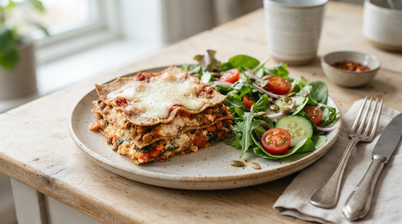 Proteinrik vegetarlasagne med cottage cheese, fullkorn og frisk grønn salat – slik ser retten ut