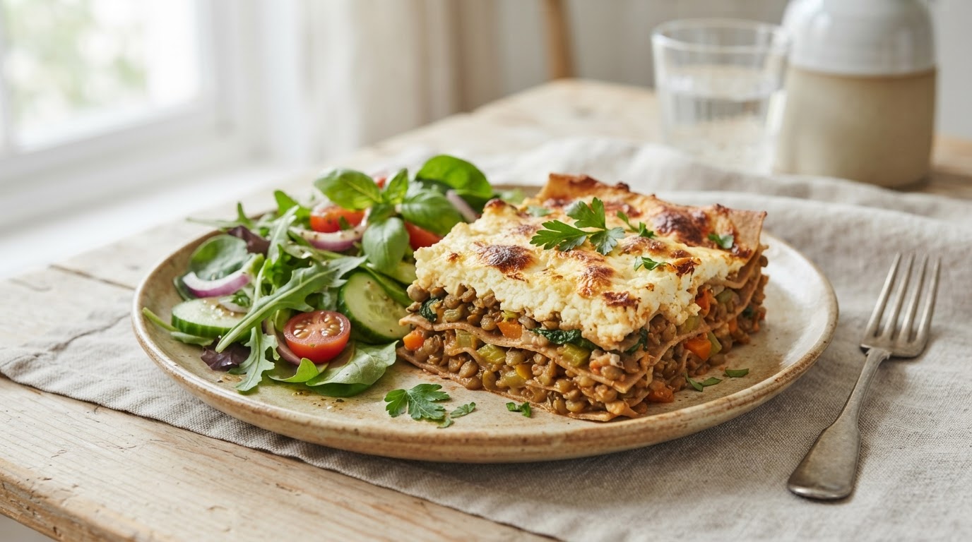 Proteinrik Vegetarlasagne med Cottage Cheese og Grønn Salat – slik ser retten ut