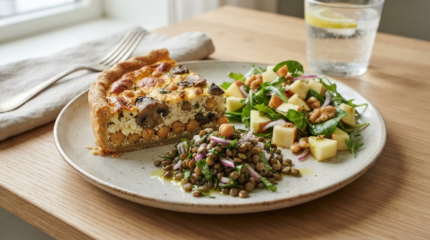 Proteinrik vegetarpai med sopp, kikerter og frisk eplesalat – slik ser retten ut