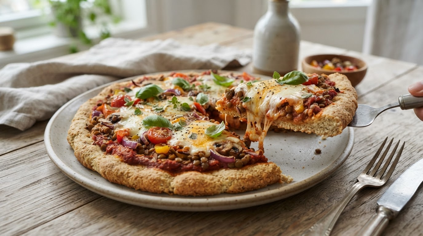 Proteinrik Vegetarpizza med Linser og Cottage Cheese – illustrasjonsbilde