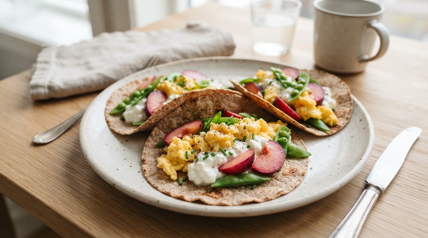 Proteinrike frokost-tacos med egg, cottage cheese og augustplommer – illustrasjonsbilde