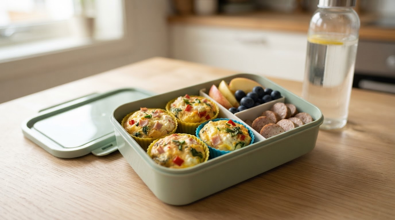 Proteinrike frokostmuffins med cottage cheese, skinke og friske bær – illustrasjonsbilde