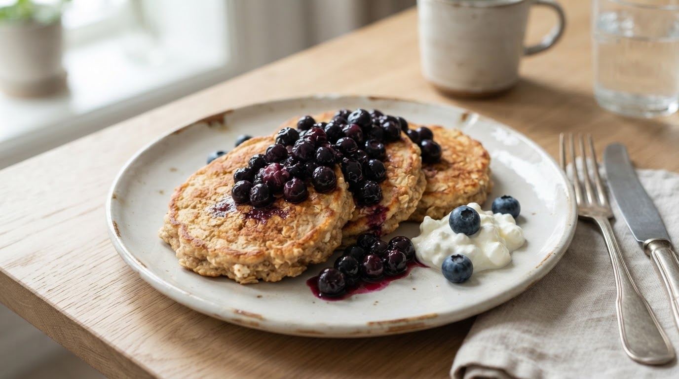 Proteinrike havrepannekaker med cottage cheese og augustblåbær – illustrasjonsbilde