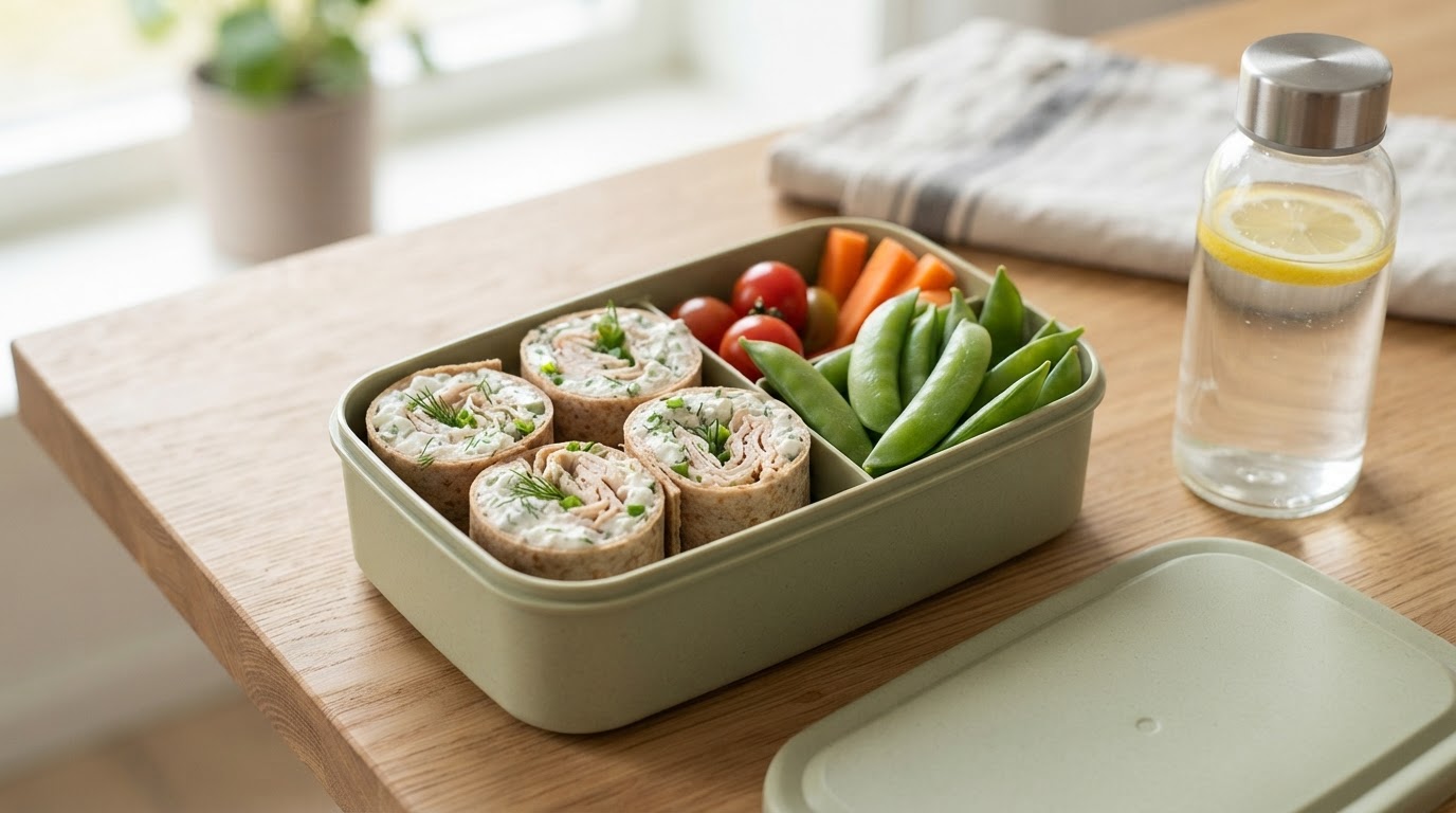 Proteinrike kalkunruller med cottage cheese og sprø sukkererter – illustrasjonsbilde