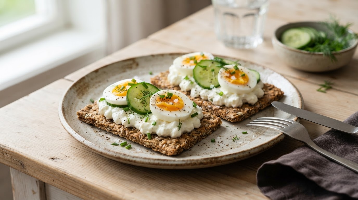 Proteinrike knekkebrød med egg og cottage cheese – illustrasjonsbilde