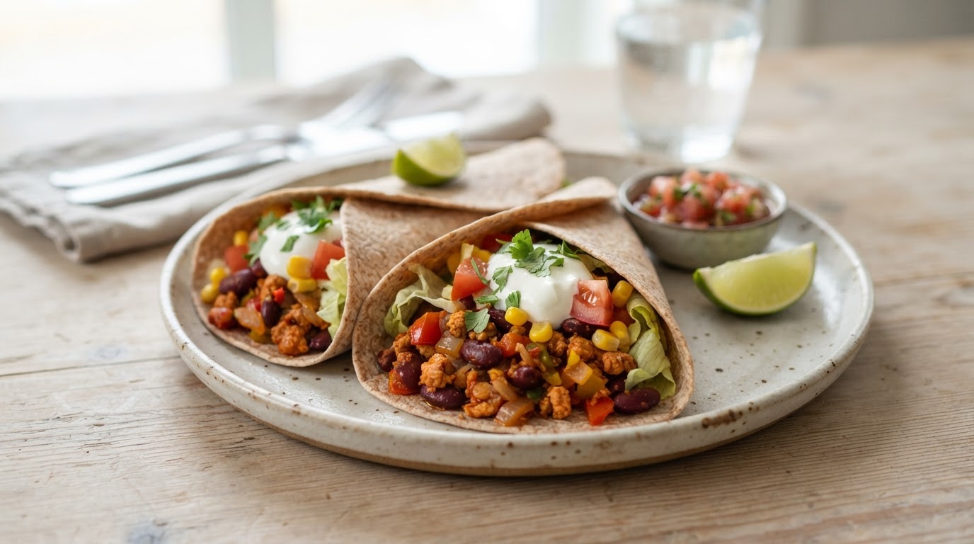 Proteinrike Tex-Mex Kyllingwraps med Bønner og Grønnsaker – illustrasjonsbilde