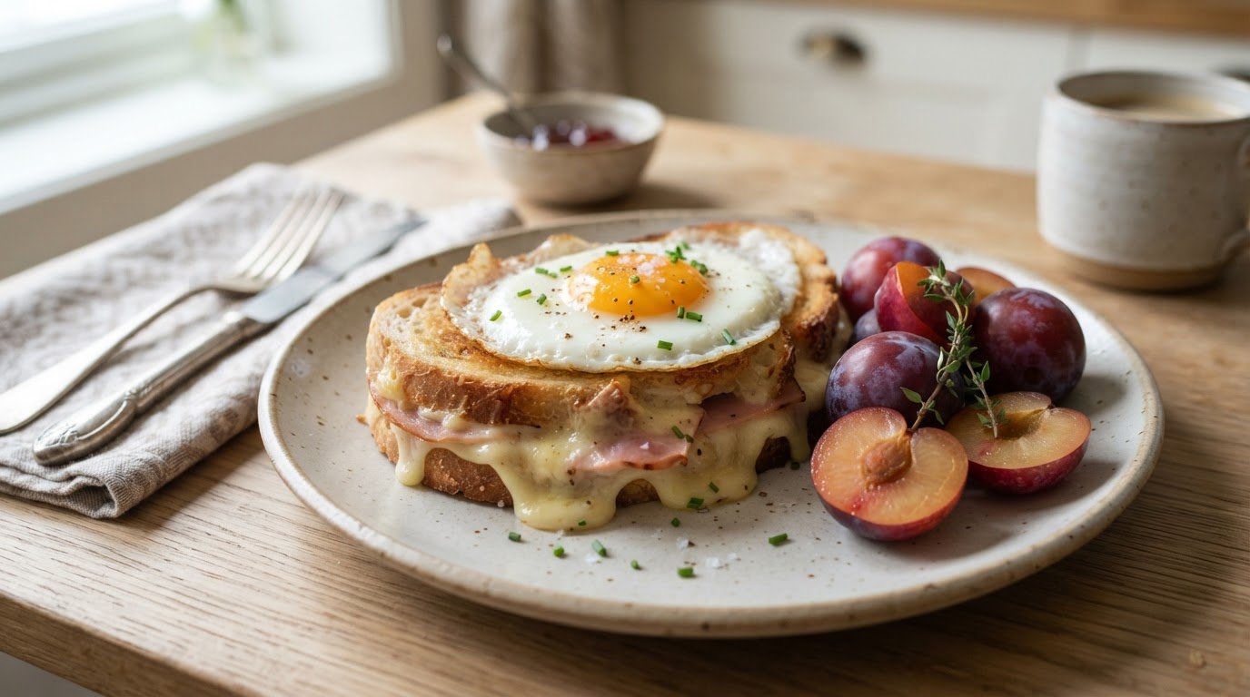 Rask Croque Madame med speilegg og friske augustplommer – illustrasjonsbilde