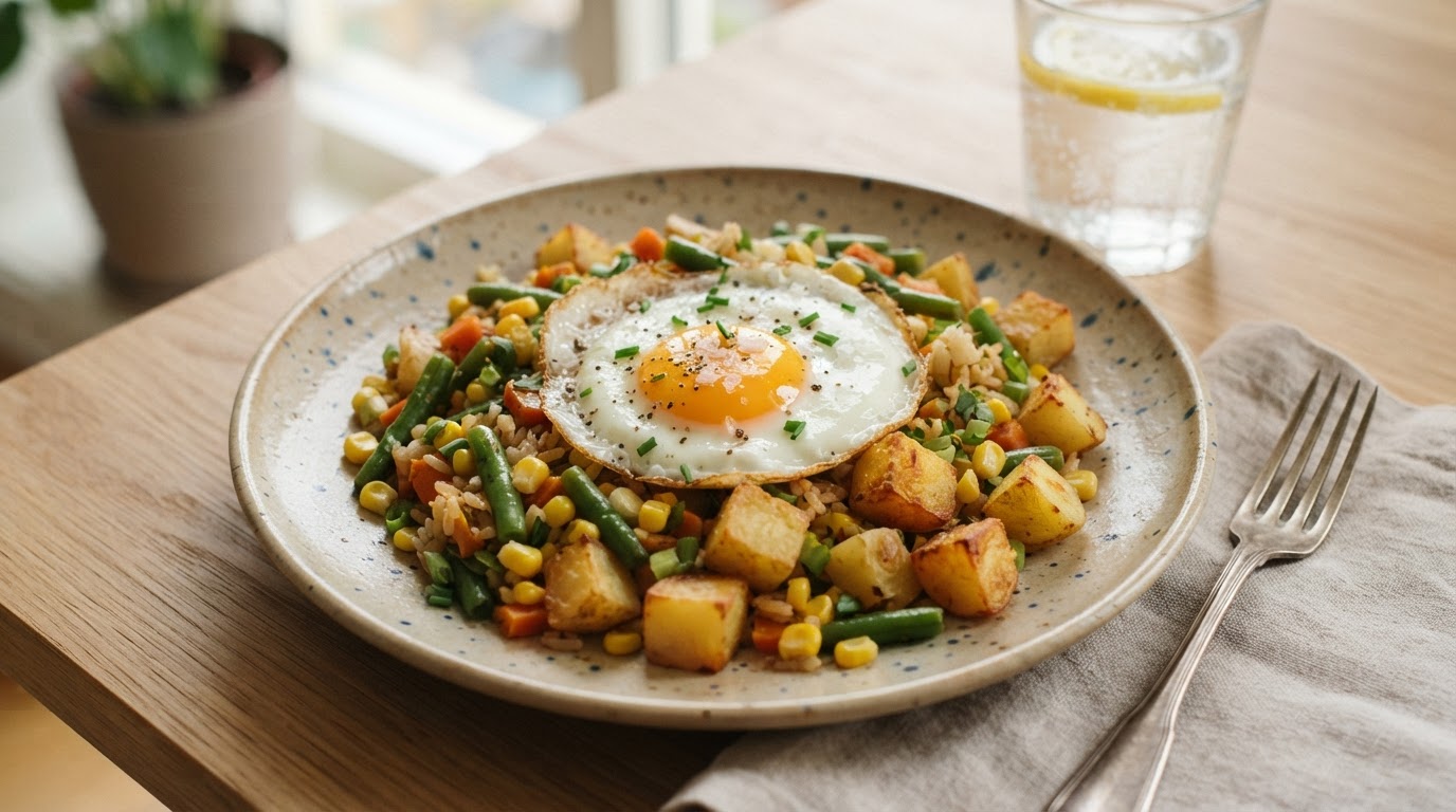Rask fried rice med nypoteter, fersk mais og egg – illustrasjonsbilde