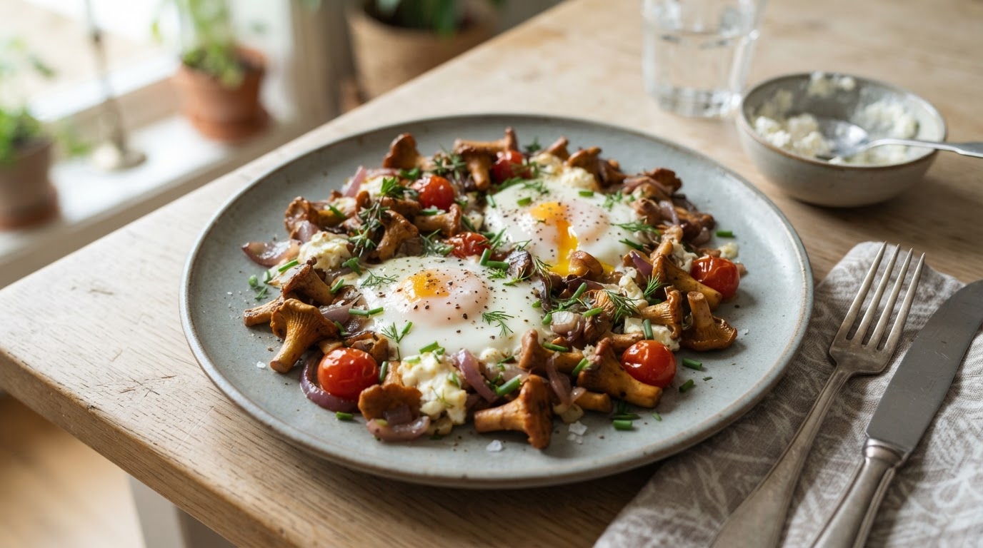 Rask frokostpanne med kantarell, cottage cheese og egg – illustrasjonsbilde