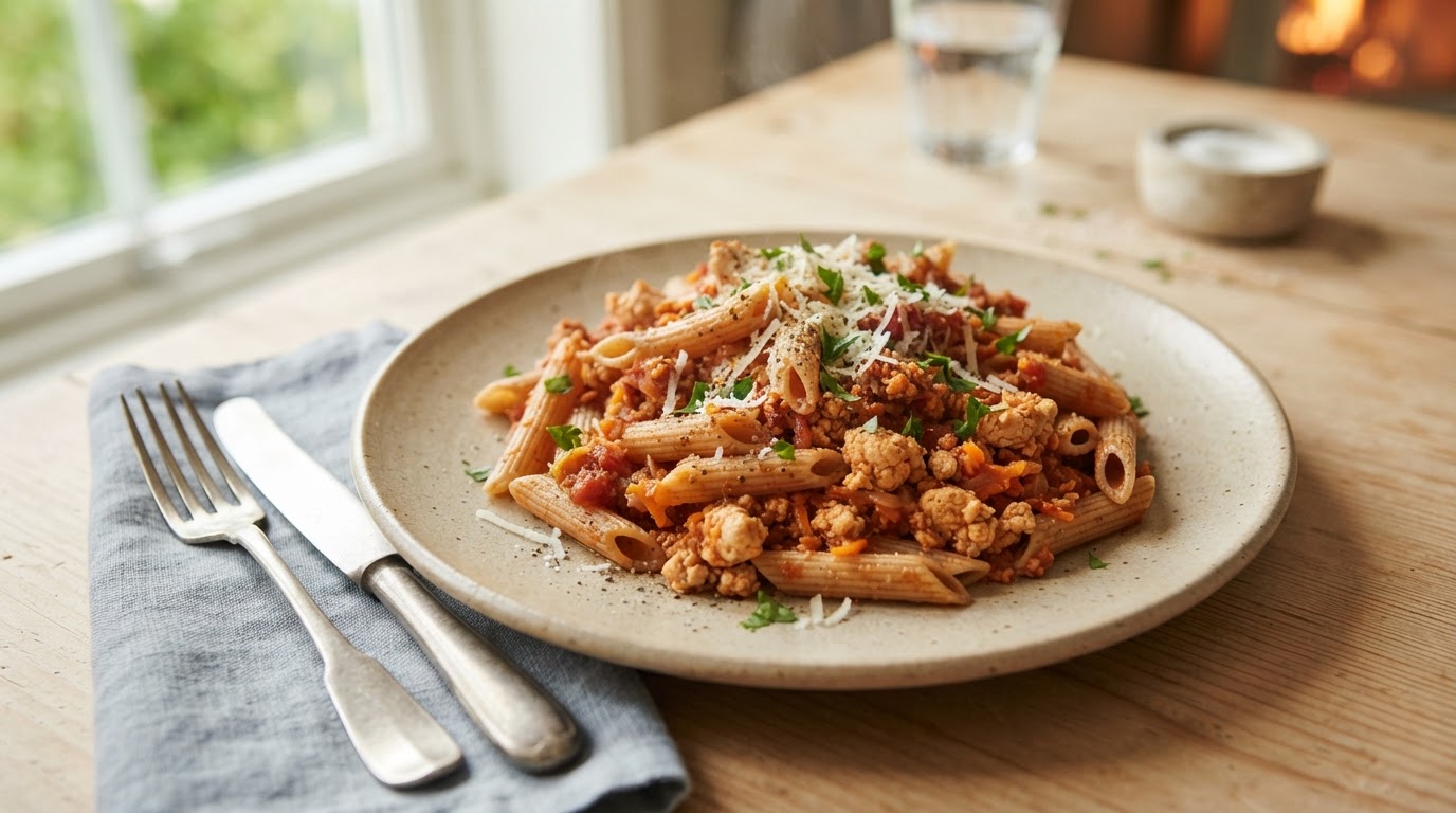 Rask Fullkorns Pasta Bolognese med Kyllingkjøttdeig – slik ser retten ut