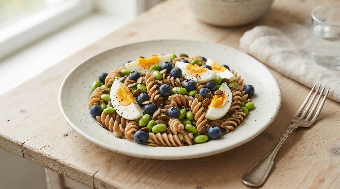Rask fullkornspastasalat med egg, edamamebønner og norske blåbær – slik ser retten ut