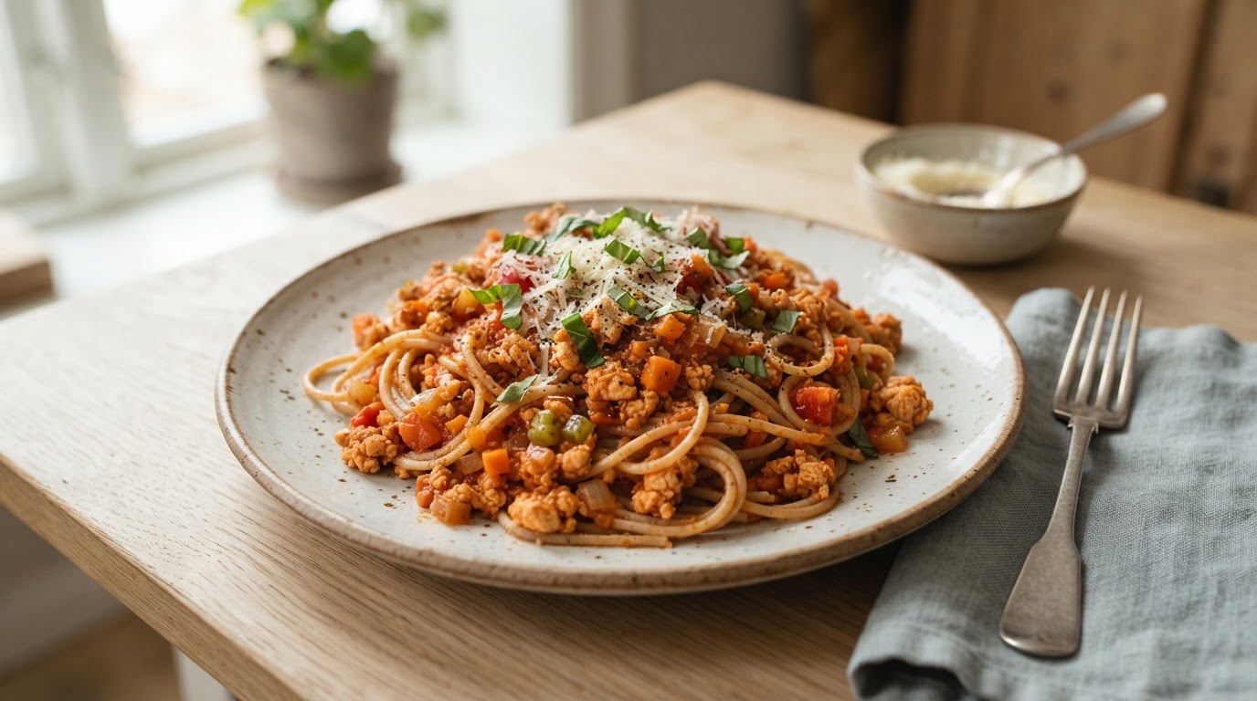 Fullkornspasta Bolognese med Kyllingkjøttdeig – illustrasjonsbilde