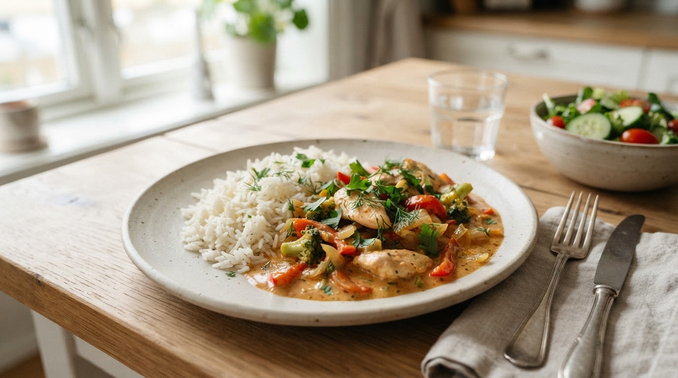 Rask kylling stroganoff med ris – illustrasjonsbilde