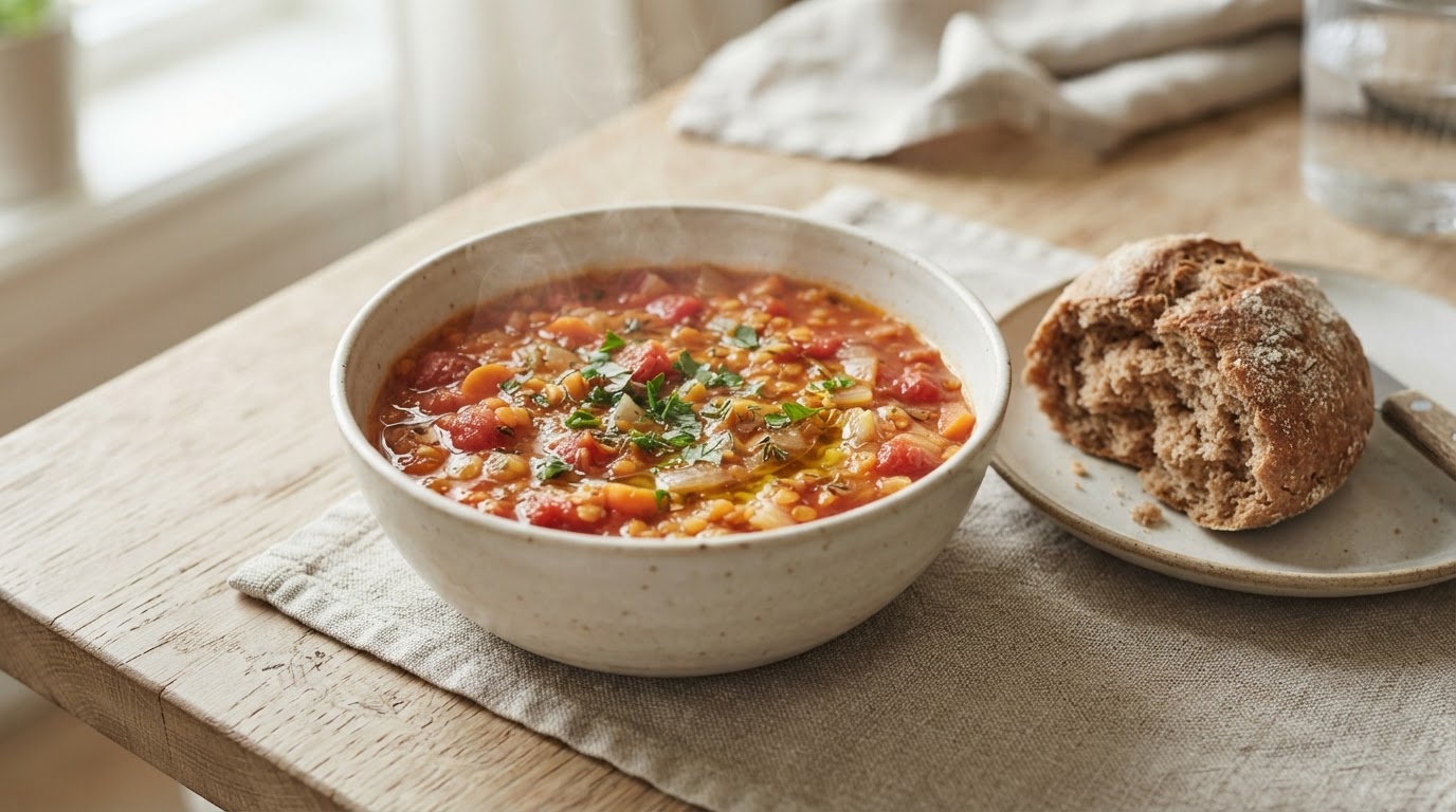 Rask linsesuppe med grovt brød – slik ser retten ut