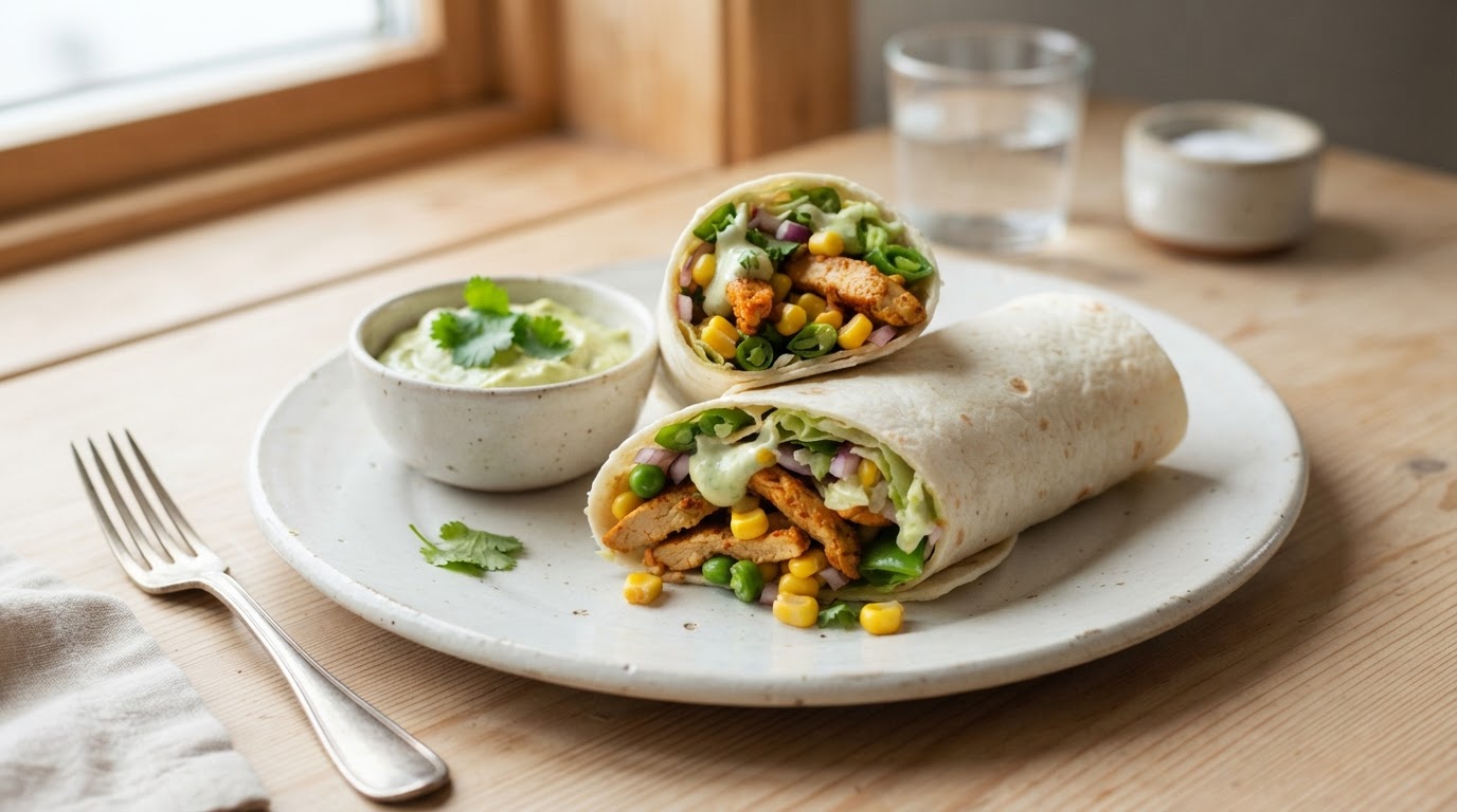 Rask og melkefri Tex-Mex kyllingwrap med fersk mais og sukkererter – slik ser retten ut