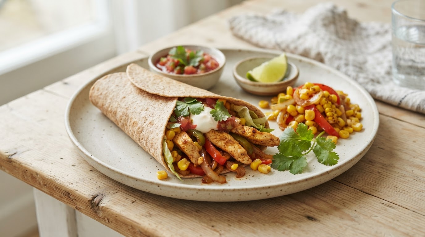 Rask og proteinrik Tex-Mex kyllingwrap med fersk norsk mais – slik ser retten ut