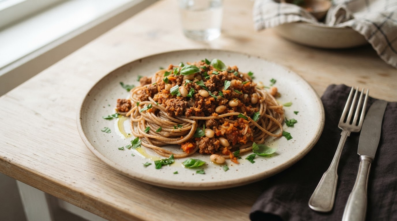 Rask og sunn Fullkorns Pasta Bolognese – illustrasjonsbilde