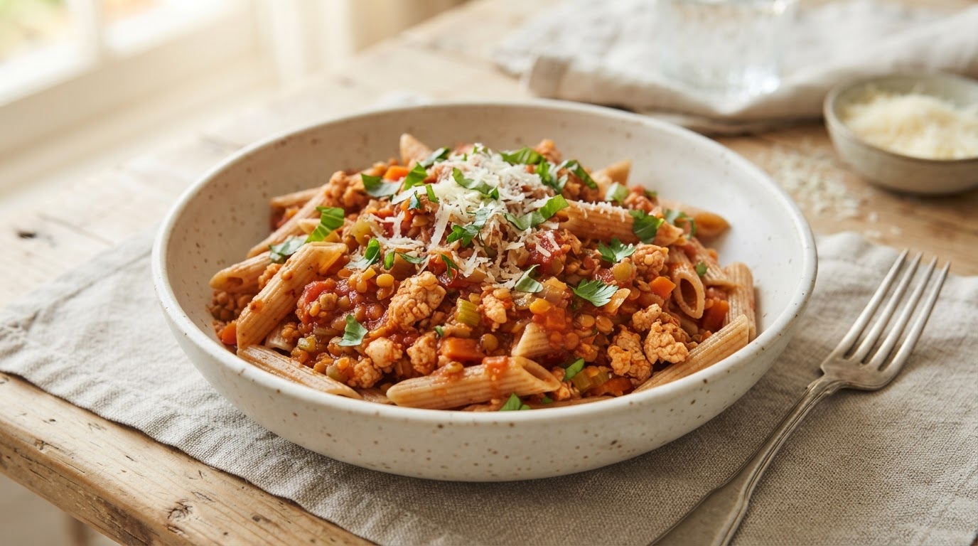 Rask og sunn Fullkorns Pasta Bolognese med kyllingkjøttdeig – illustrasjonsbilde