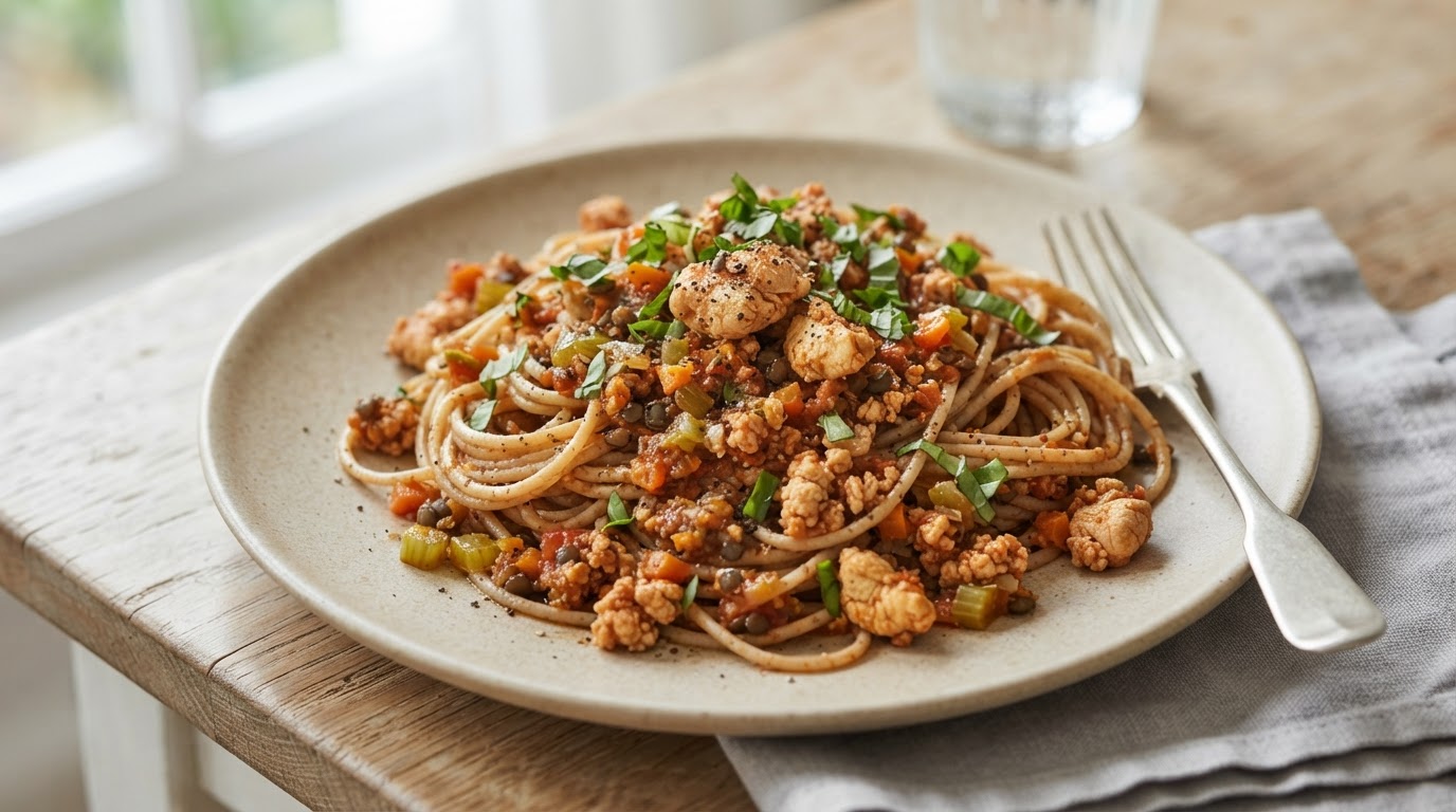 Rask og sunn Pasta Bolognese med kyllingkjøttdeig – illustrasjonsbilde
